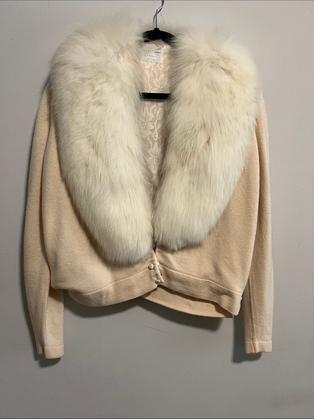 Vintage Luxurious Cream real Fur-Trim Cardigan Sweater